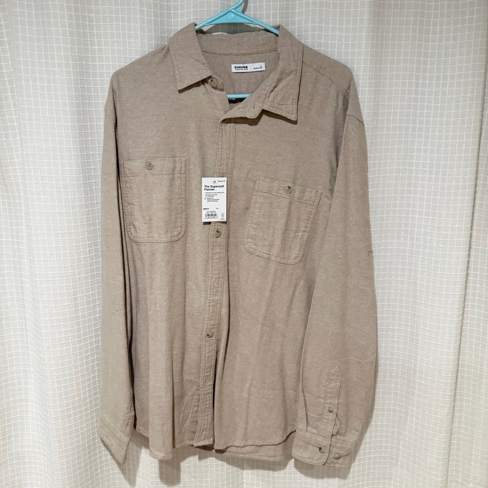 Sonoma Beige/Tan Long Sleeve Button-Down Casual Shirt